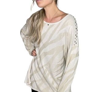 Chico's Embellished Zebra Edison Pullover Cream and Gold Sweater Size Medium